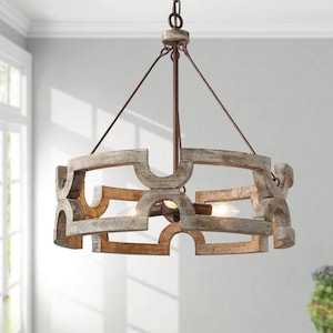 LNC Farmhouse 4-Light Black Candle Chandelier with Faux Wood Drum